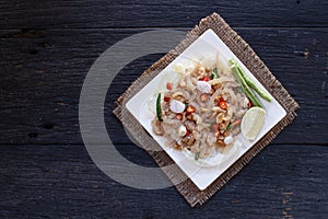 Thai appetizer food called Mooh Nam,Minced and pounded roasted skin pork,Top view