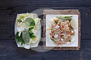 Thai appetizer food called Mooh Nam,Minced and pounded roasted skin pork,Top view