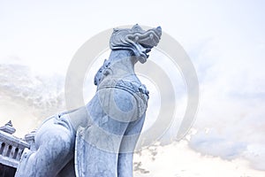 Thai Architecture. Ancient Singha thai style lion guardian statue in temple, Bangkok,Thailand