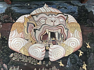 Thai arts on the wall at Wat Phra Kaew temple, Bangkok, Thailand