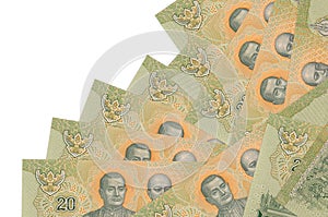 20 Thai Baht bills lies in different order isolated on white. Local banking or money making concept