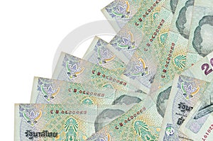 20 Thai Baht bills lies in different order isolated on white. Local banking or money making concept