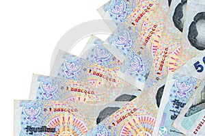 50 Thai Baht bills lies in different order isolated on white. Local banking or money making concept