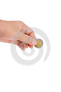 Thai baht coins ten baht in hands on white background, saving money concept,