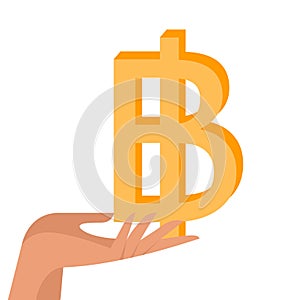 Thai baht in female hand. Money in hand. Earn money, salary symbol. Flat vector illustration