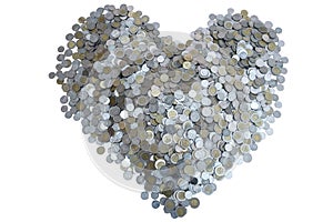 Thai Baht lots coin Arranged in heart shape on with white background texture, Investment and saving concept
