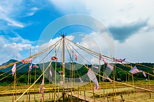 Thai bamboo walking path and bridge with beautiful sky and forrest background