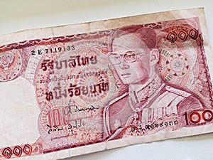 thai banknote of 100 baht