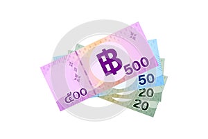 Thai banknote money 590 baht isolated on white, thai currency five hundred and fifty THB concept, money thailand baht for flat