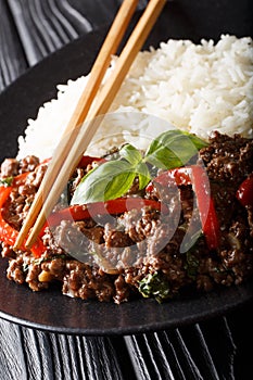 Thai Basil Beef, or Pad Gra Prow with rice side dish close-up. vertical photo