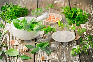 Thai basil and spicy herbs with Himalayan salt for healthy cooking