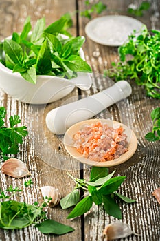 Thai basil and spicy herbs with Himalayan salt for healthy cooking