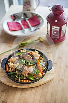 Thai basil stir fried with seafood.