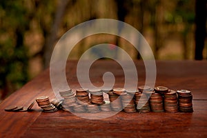 Thai bath coin 25 satang lots on wooden table with blurred background, Money of Thailand, Investment and saving concept, Money