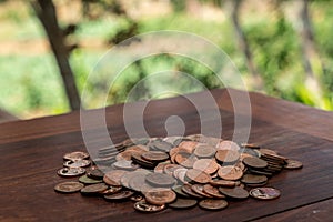 Thai bath coin 25 satang lots on wooden table with blurred background, Money of Thailand, Investment and saving concept, Money