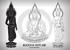 Thai buddha sitting Outline Silhouettes black and white