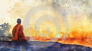 Thai buddhist monk meditating on mountain at sunrise. Spiritual contemplation. Concept of Buddhism, prayer, zen