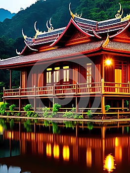 Thai building and Thai house. Generative Ai