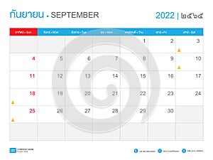 Thai calendar year 2022 design, Thai lettering, Calendar 2022 template, September month, Desk Calendar vector design, Wall calenda