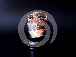 Thai ceramics, `Sawankhalok` Small ring handled jars, Brown glaze pottery jar let or Monochrome pottery Jarlet wood stand in dark