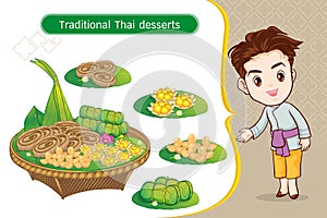 Thai character traditional costume Sawasdee and welcome presenting traditional thai dessert set