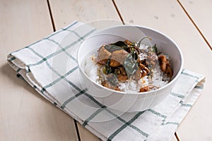 Thai chicken basil topped rice