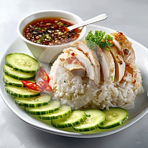 Thai chicken rice with spicy garlic dipping sauce on white background photo