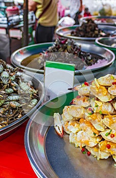 Thai Chinese street food seafood selection China Town Bangkok Thailand