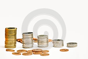 Thai coins tower isolated on white background, increase profit concept