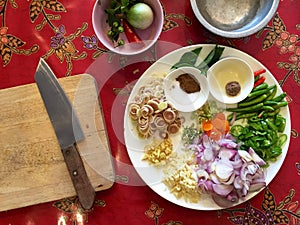 Thai cuisine: ingredients for making fresh green curry paste