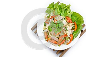 Thai cuisine spicy pork salad on white background or Yum Moo Yor