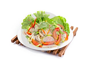 Thai cuisine spicy pork salad on white background or Yum Moo Yor,Spicy Vietnamese Sausage