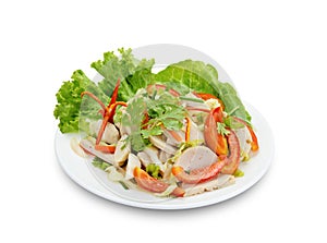 Thai cuisine spicy pork salad on wood background or Yum Moo Yor,clipping path