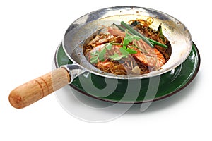 Thai cuisine, steamed prawns with vermicelli in metal casserole pot