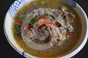 Thai Cuisine , Tom Sab Isaan Soup or Thai Clear Spicy Hot and Sour Soup with Beef