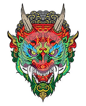 Thai Demon mask with water splash and peony flower tattoo.Traditional Thai tattoo and wave design.