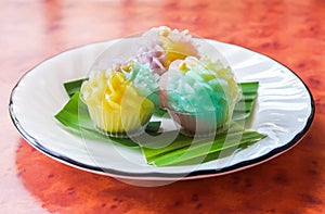 Thai dessert Kanom Chor Phaka stuff  with soybean, colourful thai sweet in flower shape
