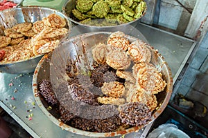 Thai dessert Rice cracker or rice biscuit topping with cane sugar.