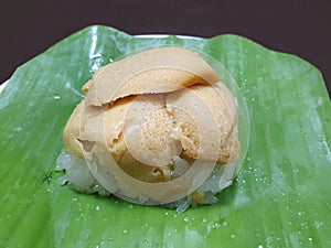 Thai dessert style, Top view of sweet sticky rice with Thai custard or Khao Neow Sang Kaya on banana leaf photo