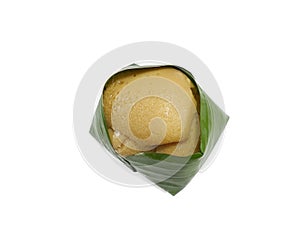 Thai dessert style, Top view of sweet sticky rice with Thai custard or Khao Neow Sang Kaya on banana leaf isolated on white backgr photo