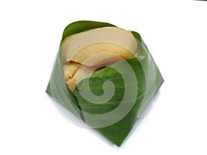 Thai dessert style, Top view of sweet sticky rice with Thai custard or Khao Neow Sang Kaya on banana leaf photo