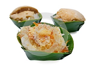 Thai dessert style, Top view of sweet sticky rice with Thai custard. photo