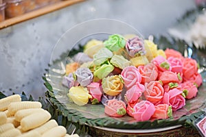 Thai dessert. Thai dessert called Alua. Kanom Alua Allure is made into colorful rose flowers are displayed at the sweet shop.