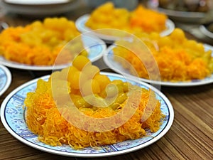 Thai desserts consist of Foi Thong, Thong Loi Thong, Yoi Thong