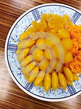 Thai desserts consist of Foi Thong, Thong Loi Thong, Yoi Thong