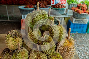 These are Thai Durian. Durian has been arranged on the shelf to be displayed to the buyer. We called The King of the fruit