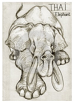 Thai elephant squat acting pencil stroke drawing cute design