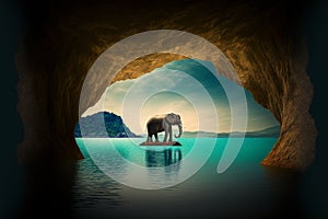 Thai elephant standing in the middle of the sea Sea scenery with a large mountain in the background.Tourism business concept .