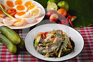 [Thai Esan food] Papaya Salad with boiled egg, Thai Esan local food, Thailand