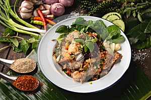 [Thai Esan food] Spicy Minced Fish Salad, Thai Esan local food, Thailand